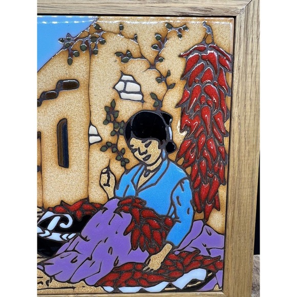 Accents Vintage Leone Kuhne Tile Framed Woman W Chili Peppers Kiln